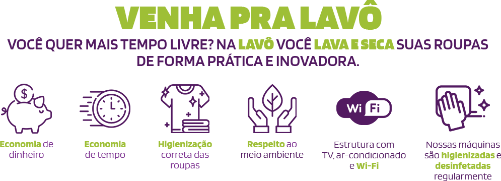 imagem com todos os benefícios da Lavô, lavanderia em Vacaria, RS